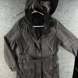 Barbour Rebel Waxed Jacket Women Full Zip Black Insulated USA 6 Hooded Belted